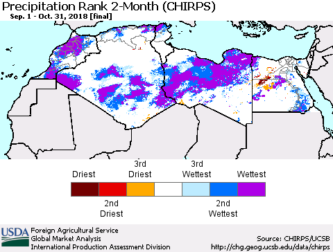 North Africa Precipitation Rank since 1981, 2-Month (CHIRPS) Thematic Map For 9/1/2018 - 10/31/2018