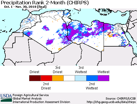 North Africa Precipitation Rank since 1981, 2-Month (CHIRPS) Thematic Map For 10/1/2018 - 11/30/2018