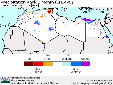North Africa Precipitation Rank since 1981, 2-Month (CHIRPS) Thematic Map For 11/1/2018 - 12/31/2018
