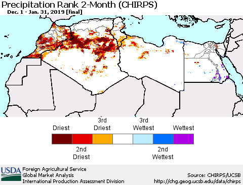 North Africa Precipitation Rank since 1981, 2-Month (CHIRPS) Thematic Map For 12/1/2018 - 1/31/2019