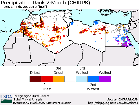 North Africa Precipitation Rank since 1981, 2-Month (CHIRPS) Thematic Map For 1/1/2019 - 2/28/2019