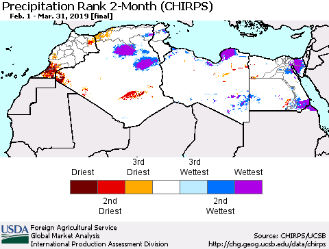 North Africa Precipitation Rank since 1981, 2-Month (CHIRPS) Thematic Map For 2/1/2019 - 3/31/2019