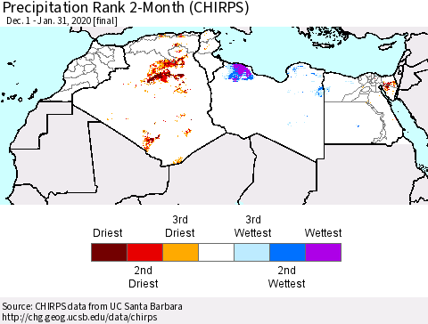 North Africa Precipitation Rank since 1981, 2-Month (CHIRPS) Thematic Map For 12/1/2019 - 1/31/2020