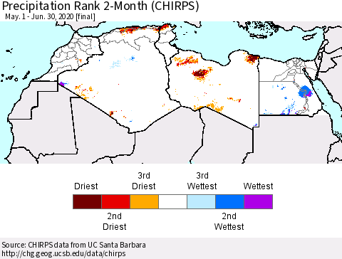 North Africa Precipitation Rank since 1981, 2-Month (CHIRPS) Thematic Map For 5/1/2020 - 6/30/2020