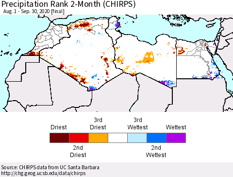 North Africa Precipitation Rank since 1981, 2-Month (CHIRPS) Thematic Map For 8/1/2020 - 9/30/2020
