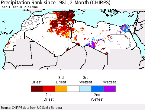 North Africa Precipitation Rank since 1981, 2-Month (CHIRPS) Thematic Map For 9/1/2023 - 10/31/2023