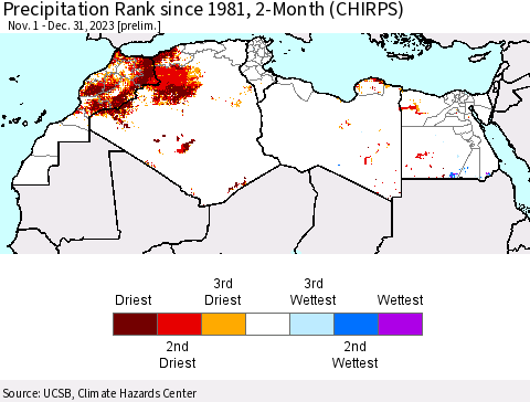 North Africa Precipitation Rank since 1981, 2-Month (CHIRPS) Thematic Map For 11/1/2023 - 12/31/2023