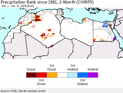 North Africa Precipitation Rank since 1981, 2-Month (CHIRPS) Thematic Map For 12/1/2023 - 1/31/2024