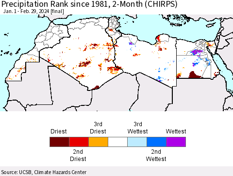 North Africa Precipitation Rank since 1981, 2-Month (CHIRPS) Thematic Map For 1/1/2024 - 2/29/2024