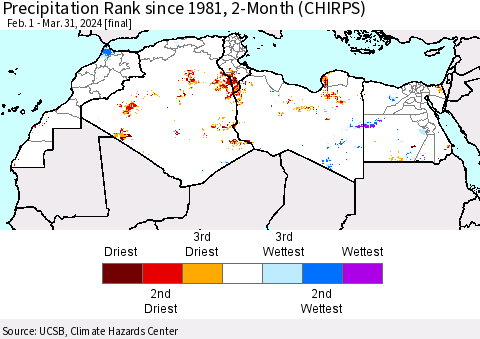 North Africa Precipitation Rank since 1981, 2-Month (CHIRPS) Thematic Map For 2/1/2024 - 3/31/2024
