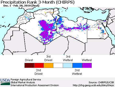 North Africa Precipitation Rank since 1981, 3-Month (CHIRPS) Thematic Map For 12/1/2017 - 2/28/2018