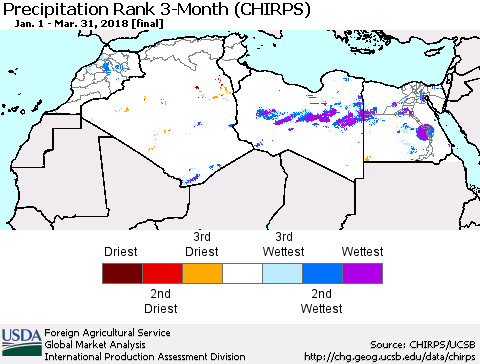 North Africa Precipitation Rank since 1981, 3-Month (CHIRPS) Thematic Map For 1/1/2018 - 3/31/2018