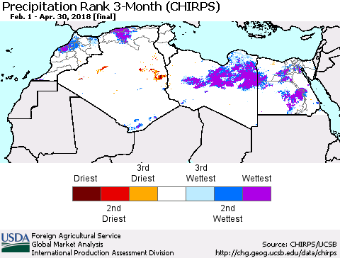North Africa Precipitation Rank since 1981, 3-Month (CHIRPS) Thematic Map For 2/1/2018 - 4/30/2018