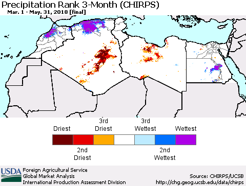 North Africa Precipitation Rank since 1981, 3-Month (CHIRPS) Thematic Map For 3/1/2018 - 5/31/2018
