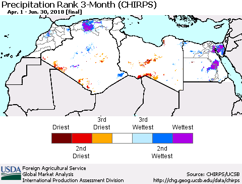 North Africa Precipitation Rank since 1981, 3-Month (CHIRPS) Thematic Map For 4/1/2018 - 6/30/2018