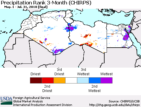 North Africa Precipitation Rank since 1981, 3-Month (CHIRPS) Thematic Map For 5/1/2018 - 7/31/2018