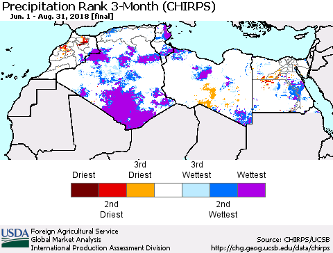 North Africa Precipitation Rank since 1981, 3-Month (CHIRPS) Thematic Map For 6/1/2018 - 8/31/2018