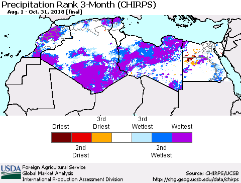 North Africa Precipitation Rank since 1981, 3-Month (CHIRPS) Thematic Map For 8/1/2018 - 10/31/2018