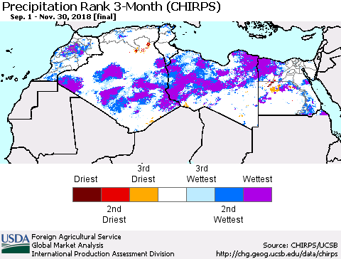 North Africa Precipitation Rank since 1981, 3-Month (CHIRPS) Thematic Map For 9/1/2018 - 11/30/2018