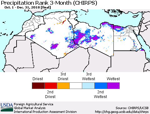 North Africa Precipitation Rank since 1981, 3-Month (CHIRPS) Thematic Map For 10/1/2018 - 12/31/2018