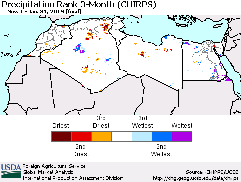 North Africa Precipitation Rank since 1981, 3-Month (CHIRPS) Thematic Map For 11/1/2018 - 1/31/2019