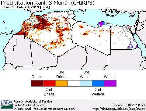 North Africa Precipitation Rank since 1981, 3-Month (CHIRPS) Thematic Map For 12/1/2018 - 2/28/2019