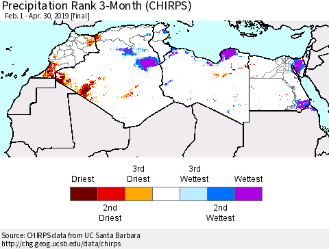 North Africa Precipitation Rank since 1981, 3-Month (CHIRPS) Thematic Map For 2/1/2019 - 4/30/2019