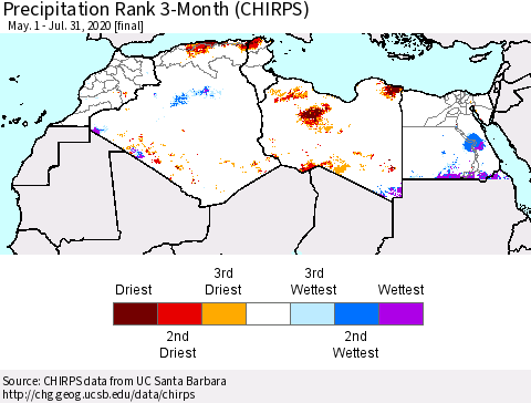 North Africa Precipitation Rank since 1981, 3-Month (CHIRPS) Thematic Map For 5/1/2020 - 7/31/2020
