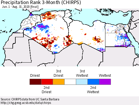 North Africa Precipitation Rank since 1981, 3-Month (CHIRPS) Thematic Map For 6/1/2020 - 8/31/2020