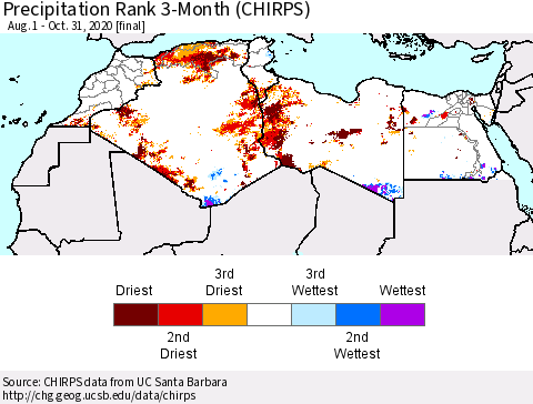 North Africa Precipitation Rank since 1981, 3-Month (CHIRPS) Thematic Map For 8/1/2020 - 10/31/2020