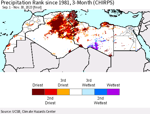 North Africa Precipitation Rank since 1981, 3-Month (CHIRPS) Thematic Map For 9/1/2023 - 11/30/2023