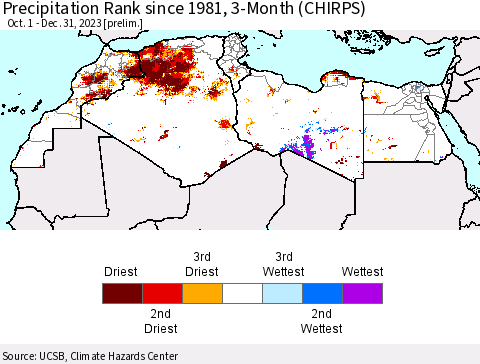 North Africa Precipitation Rank since 1981, 3-Month (CHIRPS) Thematic Map For 10/1/2023 - 12/31/2023