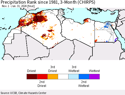 North Africa Precipitation Rank since 1981, 3-Month (CHIRPS) Thematic Map For 11/1/2023 - 1/31/2024