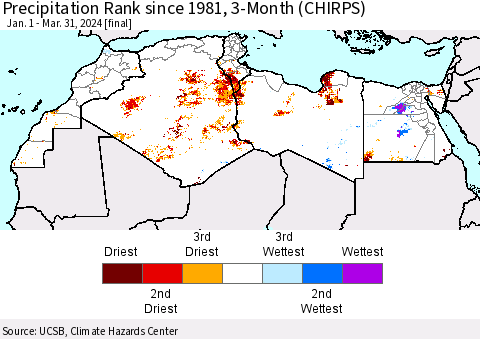 North Africa Precipitation Rank since 1981, 3-Month (CHIRPS) Thematic Map For 1/1/2024 - 3/31/2024