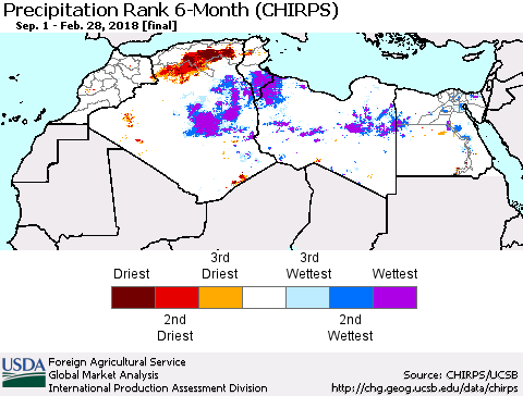 North Africa Precipitation Rank since 1981, 6-Month (CHIRPS) Thematic Map For 9/1/2017 - 2/28/2018