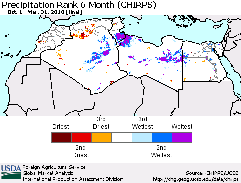 North Africa Precipitation Rank since 1981, 6-Month (CHIRPS) Thematic Map For 10/1/2017 - 3/31/2018
