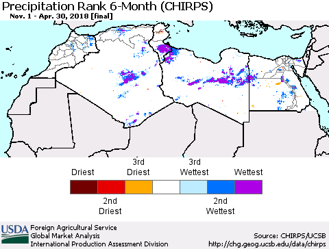 North Africa Precipitation Rank since 1981, 6-Month (CHIRPS) Thematic Map For 11/1/2017 - 4/30/2018