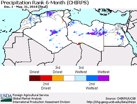 North Africa Precipitation Rank since 1981, 6-Month (CHIRPS) Thematic Map For 12/1/2017 - 5/31/2018