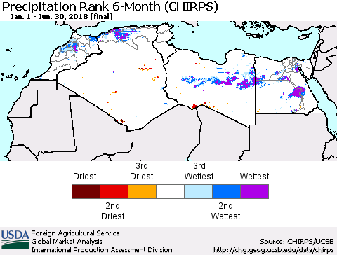 North Africa Precipitation Rank since 1981, 6-Month (CHIRPS) Thematic Map For 1/1/2018 - 6/30/2018