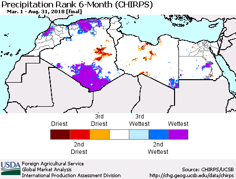 North Africa Precipitation Rank since 1981, 6-Month (CHIRPS) Thematic Map For 3/1/2018 - 8/31/2018