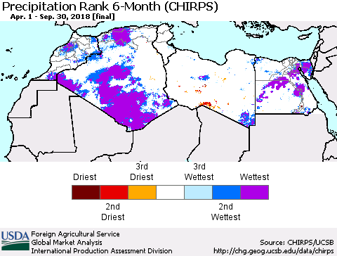 North Africa Precipitation Rank since 1981, 6-Month (CHIRPS) Thematic Map For 4/1/2018 - 9/30/2018