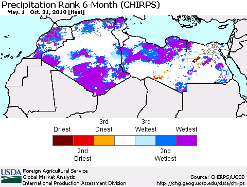 North Africa Precipitation Rank since 1981, 6-Month (CHIRPS) Thematic Map For 5/1/2018 - 10/31/2018