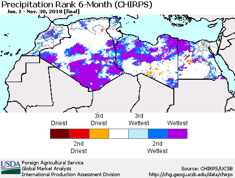 North Africa Precipitation Rank since 1981, 6-Month (CHIRPS) Thematic Map For 6/1/2018 - 11/30/2018