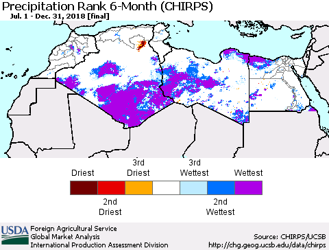 North Africa Precipitation Rank since 1981, 6-Month (CHIRPS) Thematic Map For 7/1/2018 - 12/31/2018