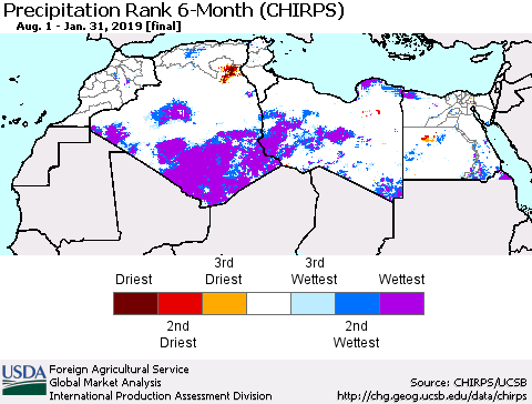 North Africa Precipitation Rank since 1981, 6-Month (CHIRPS) Thematic Map For 8/1/2018 - 1/31/2019