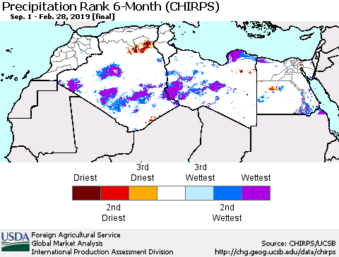 North Africa Precipitation Rank since 1981, 6-Month (CHIRPS) Thematic Map For 9/1/2018 - 2/28/2019
