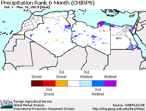 North Africa Precipitation Rank since 1981, 6-Month (CHIRPS) Thematic Map For 10/1/2018 - 3/31/2019