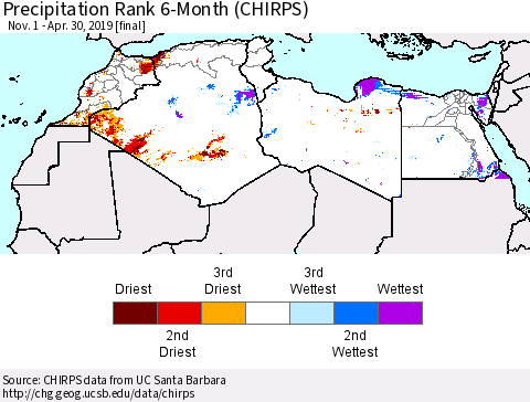 North Africa Precipitation Rank since 1981, 6-Month (CHIRPS) Thematic Map For 11/1/2018 - 4/30/2019
