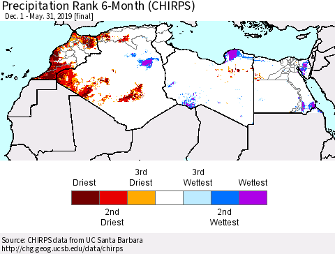 North Africa Precipitation Rank since 1981, 6-Month (CHIRPS) Thematic Map For 12/1/2018 - 5/31/2019