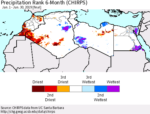 North Africa Precipitation Rank since 1981, 6-Month (CHIRPS) Thematic Map For 1/1/2019 - 6/30/2019